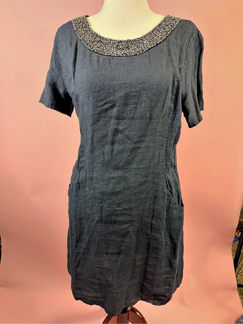 Lina Tomei Embellished Neckline Mini Dress Gray Large